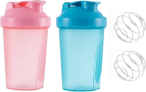 2pcs Shaker Protéiné 400ml,Protein Shaker,sans BPA,avec Boules de Fouet en Métal,Pour Fitness,Sport,Gym (Bleu,Rose)