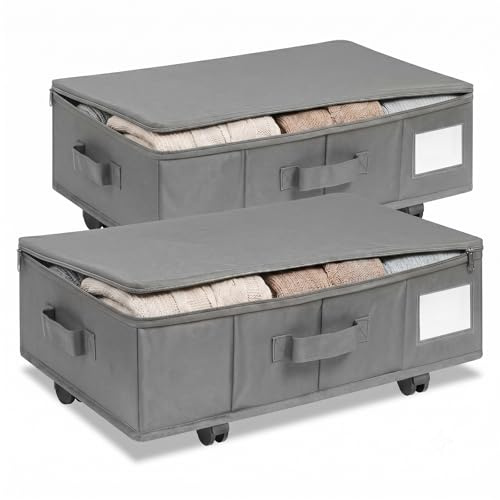 MIUUIPI Unterbettkommode mit Rollen 360°Drehung, 2 Stück XXL Unterbett mit Aufbewahrungsbox mit Deckel, Faltbare Kleidung Aufbewahrung Aufbewahrungstasche Unterbettbox für Bettdecken, Kleidung (Grau)