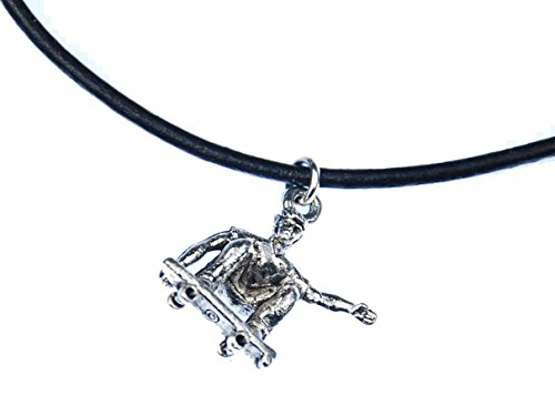 Miniblings skateboardkedja halsband 45 cm läder skateboard longboard silver – handgjorda modesmycken – försilvrad länk, 20mm, Metall, Ingen ädelsten