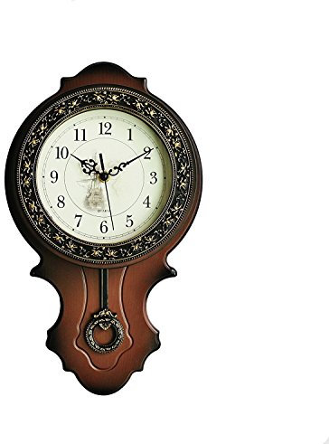Tikwisdom Retro European style Simulated Wood Pendulum Wall Clock,quartz silent motion design, Plastic Main Structure, Brushed Metallic Gold Paint Surface Texture on the Perimeter