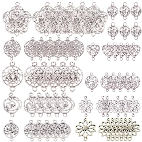 SUNNYCLUE 1 Caja 60 Piezas 10 Estilos Conectores de Flor de la Vida para Hacer Joyas Dijes para Bisuteria de Joyería Accesorios Collars Pulseras Pendientes, Plata Antigua