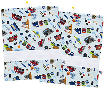 FILET - Set Zwei Beutel Asyl in Baumwolle Bedruckt, Säckchen Wechsel, Beutel Babyausstattung, Schuhbeutel, mit Canvas Aida zu Sticken, Made in Italy, 42 x 34 cm, Fantasy Cars Himmel