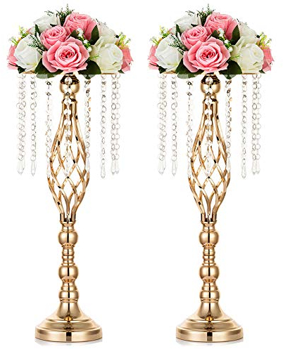 NUPTIO Blumenständer Metall Gold Hochzeit: 2 Stück 55cm Hoch Metall Kristall Blumenvase Goldene Vase Hochzeitsdeko Tisch Tafelaufsatz Geburtstag Party Jahrestag Einweihung Tischdeko