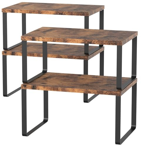 Set of 4 Counter Shelves Kitchen Stackable Cabinet Shelf Wood Organizer Expandable Counter Top Racks Brown Bathroom Counter organizer