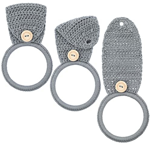 Tatuo 3 Pieces Crochet Towel Holder Hanging Kitchen Dish Towel Holder Ring Oven Handle Kitchen Bathroom Hanger for Stove(Gray)