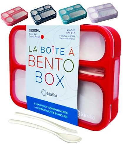 kinsho Bento Box Kids Lunch-Box, Snack Containers for Toddler Daycare, Leakproof School Bentobox 6 Compartment Container for Boys Girls Adults Lunches, Utensils, Red