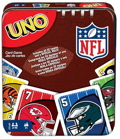 Mattel Games UNO NFL Card Game in Storage & Travel Tin for Kids, Adults & Family Night, Features Logos of All 32 NFL Teams & Special Rule (Amazon Exclusive)