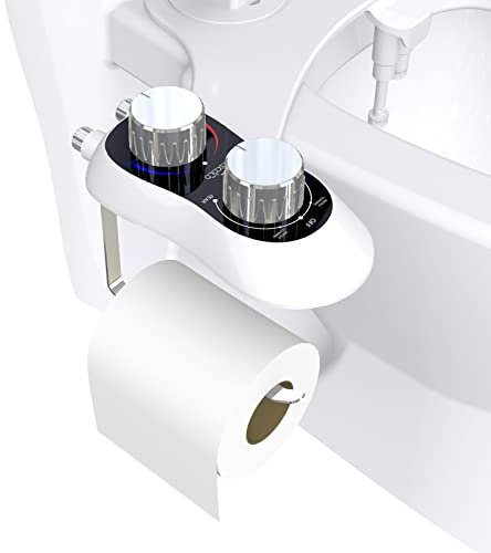 Bidet-Aufsatz für Toilette, Heiß-Und Kaltwasser Nicht elektrisches Bidet Doppeldüse, Bidet Einsatz Einstellbarer Druckschalter mit Gewebehalter Front-und Heckreinigung für WC Dusche, Po-Dusche