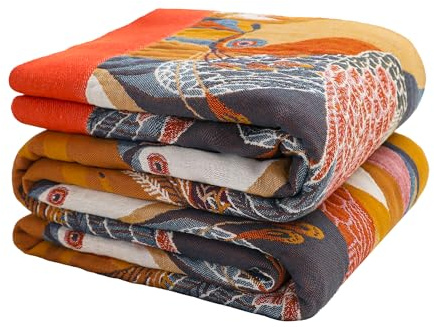 VANJOROY Wendebettdecke für Doppelbett, 100 % warme, weiche und hautfreundliche Bio-Baumwolle, bohemischer Vogelmuster-Dekor, für Sessel, Sofa und Bett 230 x 250 cm, orange