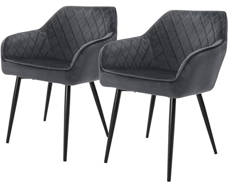 ML-Design 2 stolar med armstöd och ryggstöd, antracit, köksstol med sammetsklädsel, stoppad stol med metallben, ergonomisk stol för matbord, matrumsstol vardagsrumsstol