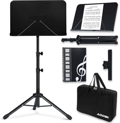 AODSK Sheet Music Stand,5 in 1 Dual-Use Folding Sheet Music Stand & Desktop Book Stand with Portable Carrying Bag & Music Sheet Clip Holder & Sheet Music Book(Black) (AS-M55)