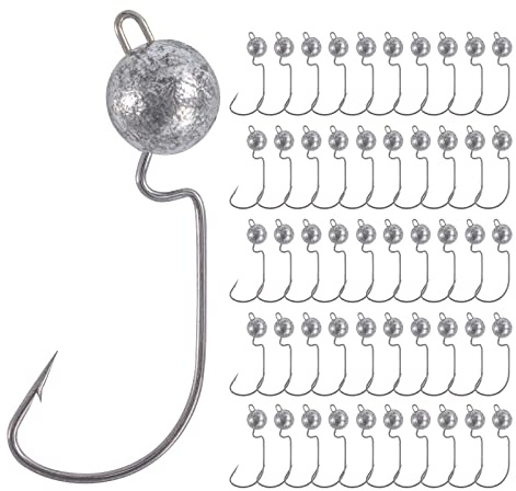 Goture 50 Stück Angelhakenset Jigköpfe 7g, Wurmhaken, Scharfen Jighaken Dropshot Haken für Gummifische, Karpfen Bleikopf Angelhaken Offset Angelhaken, Jigkopf Set, Jighaken Set