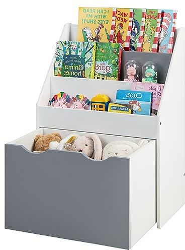 HOMASIS Kinderregal aus Holz mit 3 Fächern & Schublade, Grau+Weiß | Spielzeugregal für Kinder mit Rollen, Aufbewahrung für Bücher & Spielzeug, Spielzeugkiste fürs Kinderzimmer, 50x28x70cm