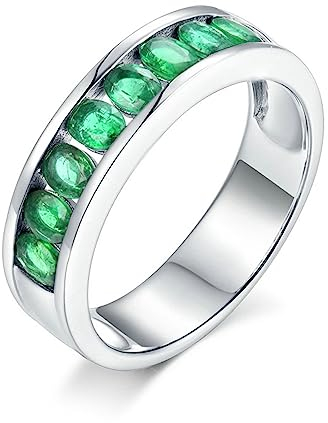 Ring Größe 47, Vorsteckring Gold 750 18 Karat Weißgold Smaragd Ovale Form Bandring mit 1,08 ct Smaragd Komfort Fit