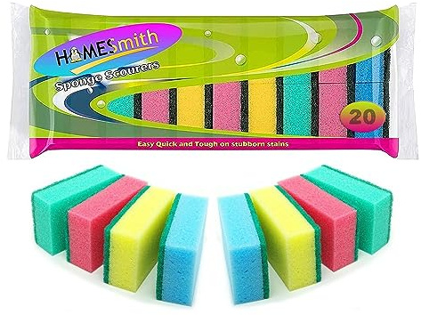 HOMESmith - Colourful Sponge Scourers - Dual Sided Dish Washing & Cleaning Sponges - Absorbent, Non-Scratch, Reusable Scourers - 1 x 20 Pack