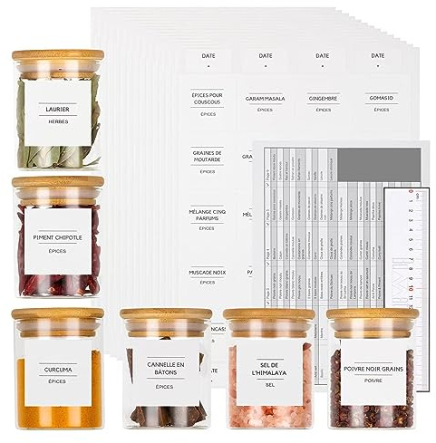 BUWATI 168 Étiquettes Epices Rangement Cuisine en Français | Écriture Claire, Noire sur Blanc | Organisation Cuisine (168)