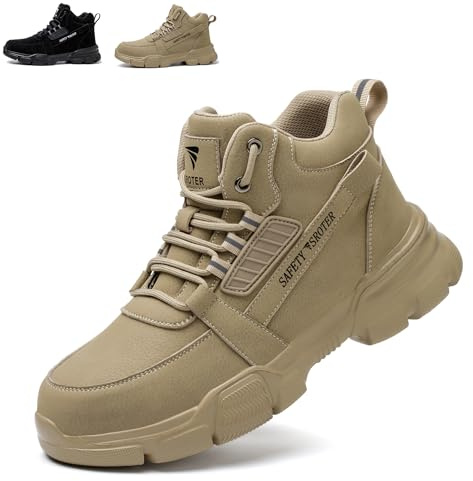 SROTER Steel Toe Cap Boots Men Women Work Boots Waterproof Safety Trainers Lightweight Safety Shoes Non-Slip, Khaki, 9 UK