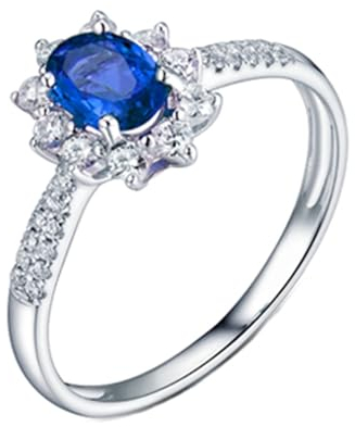 Frauen Ring mit Gravur, Trauringe Weißgold Damen 18 Karat Blume Lab Saphir 0.85CT Blau Ovalschliff VVS mit Diamant Natur 0.26CT Weiß Größe 53 (16.9)