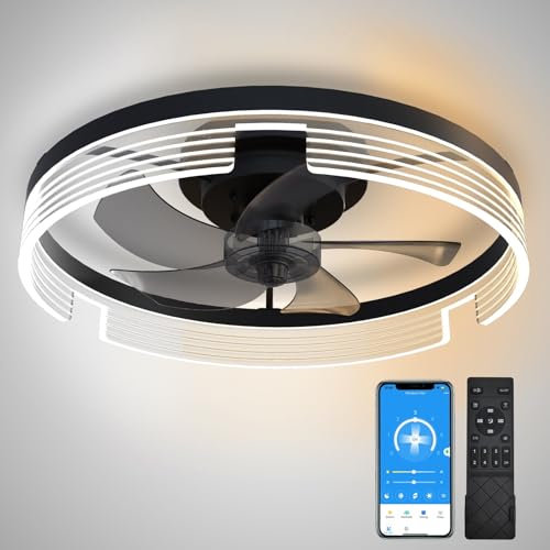 Flush Mount Ceiling Fans with Lights, 15.7 Small Low Profile Ceiling Fan with Light and Remote, Modern LED Bladeless Ceiling Fan, Dimmable Lighting 6 Speeds Timing for Bedroom Kitchen black