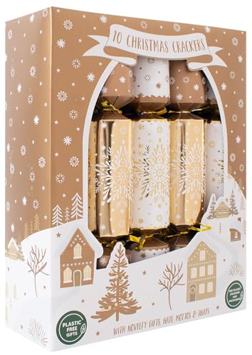 RSW Box 10 Family Christmas Crackers White & Gold Snowflake Plastic Free Festive Table Decoration