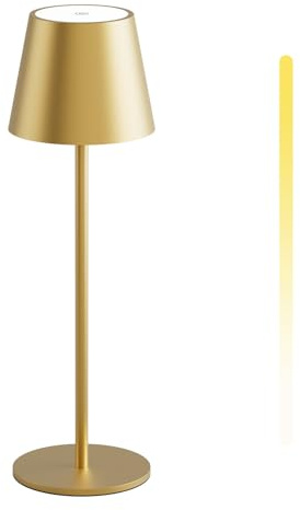 K-Bright 1 Stück LED Dimmbare Akku Tischlampe aus Aluminium Gold | 3000K/4000K/6000K Drei Farbtemperaturen akku Tischleuchte mit USB-C, IP54 Wasserdichte für Esstisch, Nachttisch und Camping