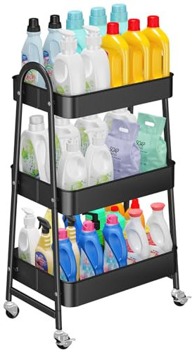 Metal Storage Trolley - 3 Tier Trolley on Wheels, Kitchen Trolley, Vegetable Rack, Storage Utility Cart, Rolling Storage Rack for Kitchen Makeup Bathroom Office, Black