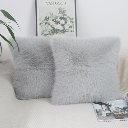 NIULAA Grey Cushion Covers 45x45 Cushion Cover Faux Fur Set of 2 Fluffy Pillow Covers 18x18 Soft Plush Luxury Decorative Pillows for Sofa Scatter Pillowcases