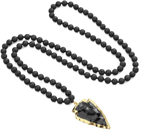COAI Lavastein Perlenkette mit Obsidian Pfeil Anhänger für Herren