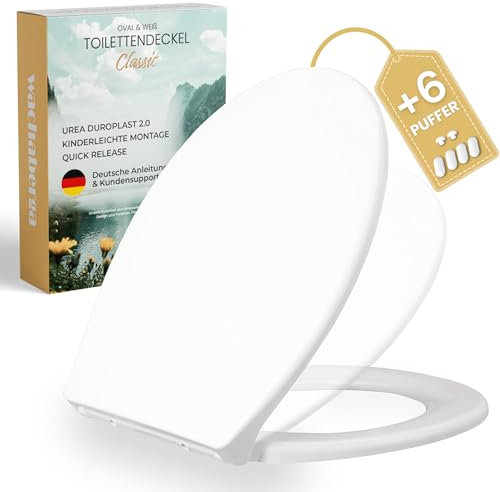 WC-Sitz mit Absenkautomatik Weiß - Toilettendeckel Oval mit Edelstahl Spezialscharniere für bombenfesten Halt -Klobrille aus langlebigem Duroplast - inkl. 2 Montage-Sets & 6 Extra-Puffer