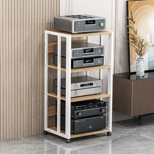 AV Media Stand with CD Player Stand Adjustable Shelf Steel Frame & Wooden Board Stereo Component Storage Cabinet for Audio Equipment Organization White (4 Tier)