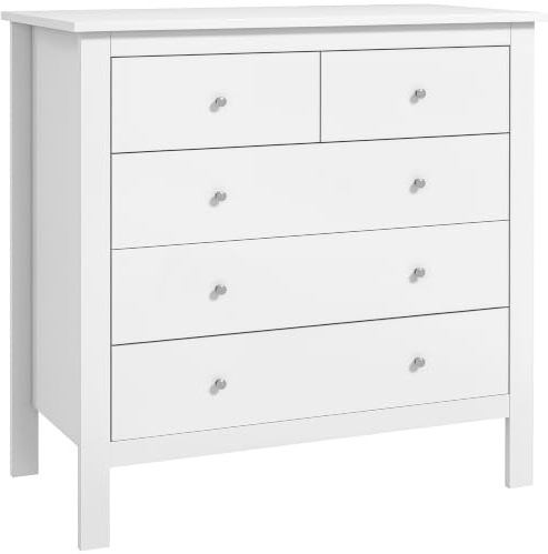 HOMCOM Commode à 5 Tiroirs avec Poignées Bois 79l x 39,5P x 80,5H cm Blanc | Meuble de Rangement, Glissières Métalliques, Protection Anti-Basculement, pour Chambre, Salon, Bureau