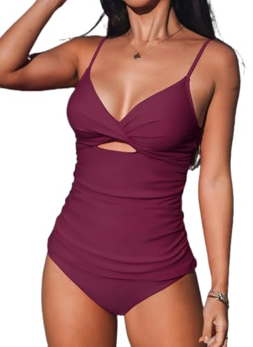 CUPSHE Tankini-set för kvinnor V-hals utskuren rynkad baksida krok framsjal mitten stigning vändbar botten tvådelad baddräkt badkläder, Röd/svart, L