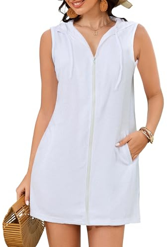 Bsubseach Damen Frottee Badeanzug Strand Ärmellose Bademäntel Taschen | Bsubseach Frottee Cover Up Frauen mit Kapuze Badeanzug Reißverschluss Strand Bademäntel mit Taschen S-XXL