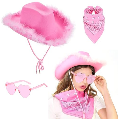 Cowboy Hut Damen Pink 3 Stück Western Cowgirl-Hut Filz Cowboyhut mit Herzbrille Rosa Federschal Damen CowboyHut Cowgirl Kostüm Accessoires Wilder Westen Kostü Westernhut für Party Cosplay Karnevalsfe