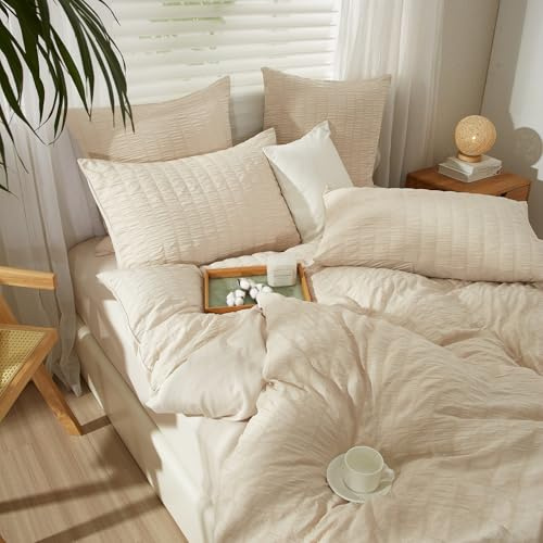YASMENG Seersucker copripiumino 140x200 Beige a righe Microfibra Estate