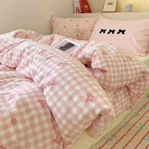 ZBOOM - Set biancheria da letto 155x220 cm 2 pezzi, rosa a quadri con fiocchi, biancheria da letto per bambini in microfibra, con chiusura lampo, copripiumino e federa per cuscino 80x80 cm