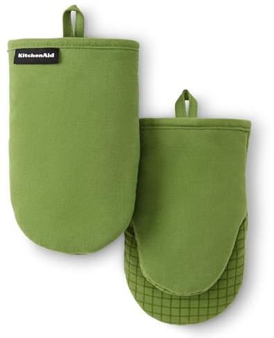 KITCHENAID Gourmet Series Gridlines Mini Oven Mitts 2-Pack Set, Heat Resistant up to 600°F, Soft Silicone Grip, Magnetic Cuff, Matcha Green, 5.5x9