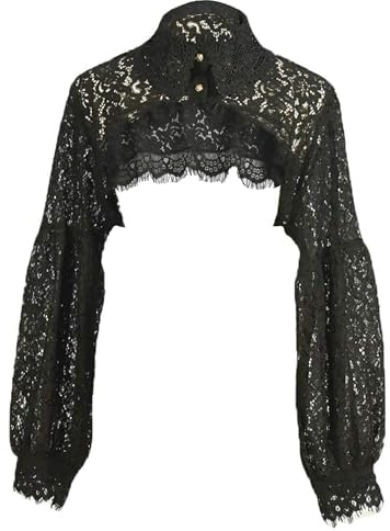Eyibenlilan Faux col chemise manches longues dentelle boléro victorien chemisier court col Dickey pour femme, noir, Taille Unique