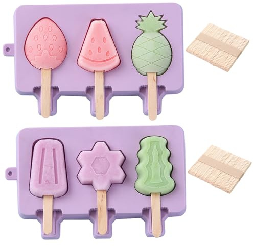 Lot de 2 moules à glace pour bébé avec 100 bâtonnets en bois, 3 cavités en silicone, moules à glace antiadhésifs
