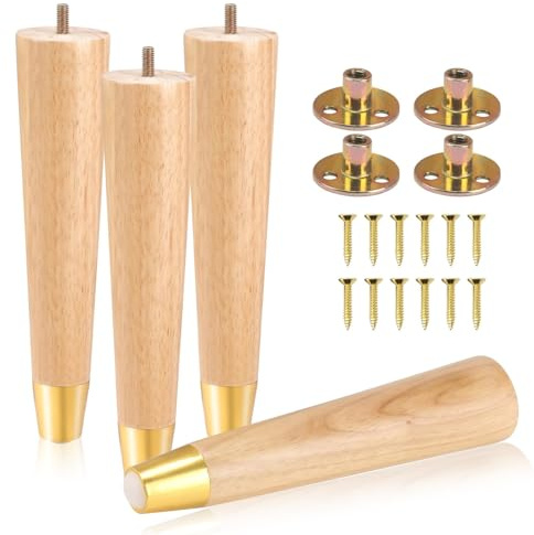 COEWUR 4 Pcs Wooden Furniture Legs 10inch/25cm Sofa Leg Solid Wood Legs for Furniture Feet Wooden Table Leg Replacement for Dresser Bed Stool Couch Cabinet Chair with Gold Caps,Pad,Screws,Plates