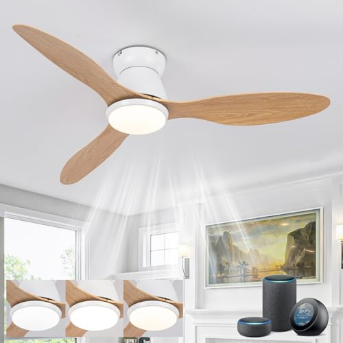 LJX Ventilateur Plafond Avec Lumiere Intelligent Compatible Alexa Bois Lustre Ventilateur 106cm Blanc Ultra‑Silencieux Dc 6 Vitesses Réversible Pour Chambre Salon