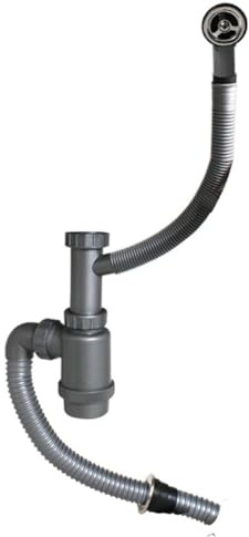 Tuyau de vidange d'évier de cuisine avec fonction de trop-plein anti-odeur en acier inoxydable et caoutchouc raccords de plomberie pour cuve simple, lavabo, salle de bain, installation flexible (rond)