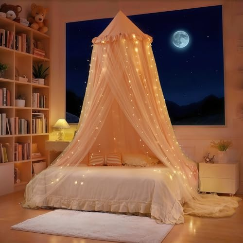 Eimilaly Baldacchino per letto da principessa, baldacchino a doppio strato con 250 luci bianche calde, adatto per letto singolo/matrimoniale, tenda per letto fatato per decorare la camera dei bambini