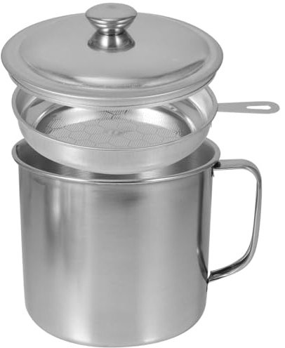 Bestoyard ÖLaufbewahrungsbecher Edelstahl 13.00 X 12.50 X 12.00 Cm | Edelstahl, integriertes Ölsieb, abnehmbares Design, Griff, silber, für Küchenfilterung und Aufbewahrung