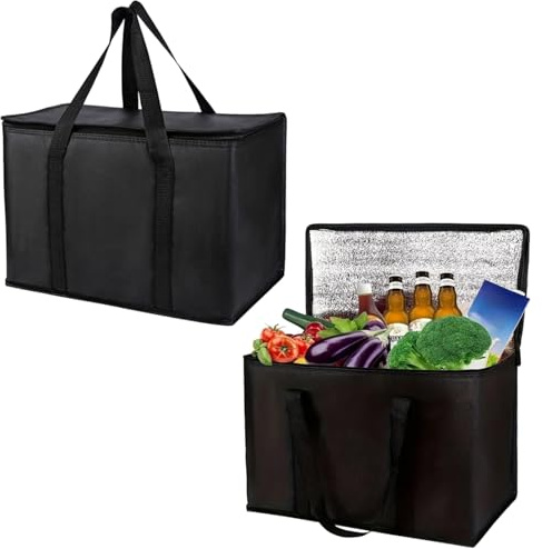 2 Pack Thermal Food Delivery Cooler Bag Black, Insulated Cooler Bag Box, Insulated Reusable Grocery Shopping Bags, Strong Weight-Bearing, Zipper Closure, for Shopping Camping Family BBQ