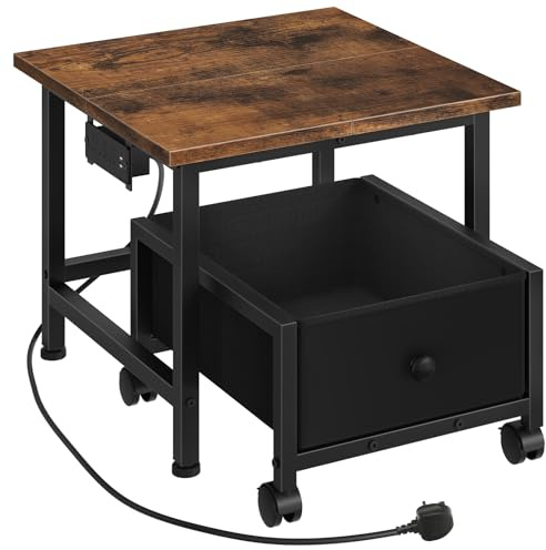 HOOBRO Mini Fridge Stand with Storage Basket and Power Outlet, Mini Fridge Cabinet with Wheels and Adjustable Feet, Mobile Fridge Shelf, for Home, Apartment, Dorm, Rustic Brown and Black EBF355KBX01
