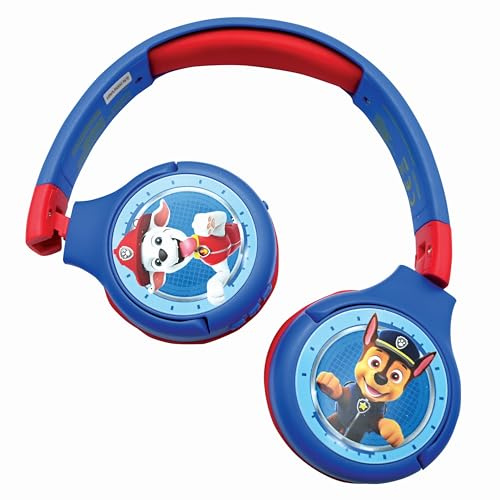 Lexibook - Paw Patrol 2-i-1 bluetooth och trådbundna barnhörlurar - stereo, trådlös, trådbunden, begränsat ljud, vikbart, justerbar, flicka/pojke, röd/blå, HPBT010PALXB