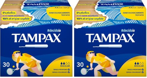 Tampax Regular, 30 assorbenti interni con applicatore in cartone. L'unico Tampax senza plastica e con cuore assorbente 100% di origine vegetale. Ideale per flussi da leggeri a medi. (Confezione da 2)