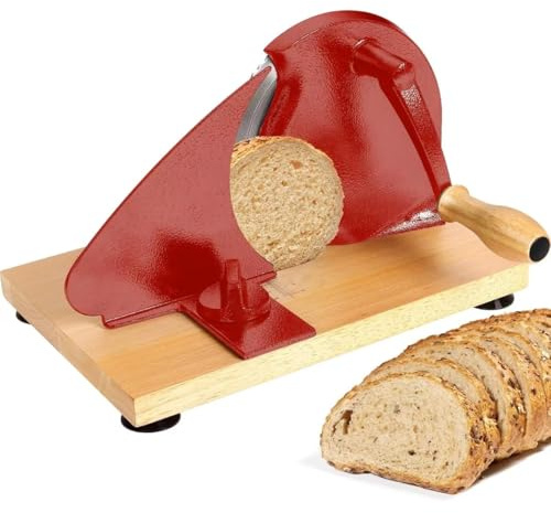 Bread Slicer,Manual Slicer with Hand Crank, Adjustable Thickness, Stainless Steel Blade, Stable Suction Base for Sourdough & Sandwich, Easy to Clean for Home & Commercial Use(Red)