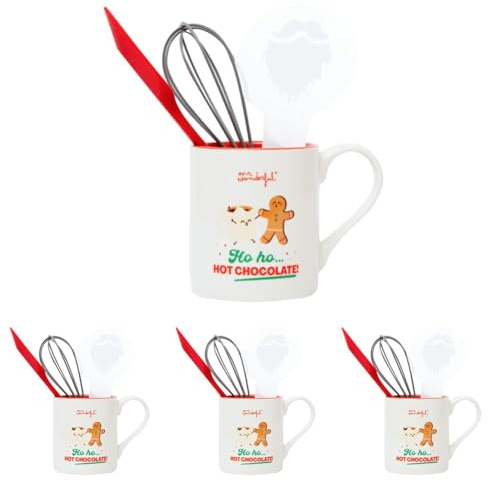 Mr. Wonderful - Set de taza + utensilios para hacer chocolate caliente - Ho ho… hot chocolate! - Batidor, Espátula de silicona, Plantilla para Decorar (Paquete de 4)